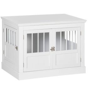Wooden Dog Crate End Table, White, Triple Doors, Steel Tubes, for Small Dogs