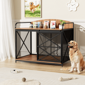 42.8 Heavy Duty Large Dog Crate Furniture For Large Medium Dog, Farmhouse Wooden Dog Kennel Indoor End Table, Decorative Pet House For Large Dogs (Color: Brown)