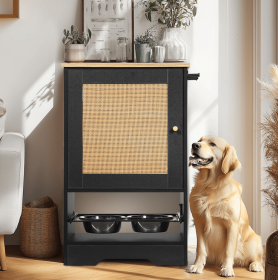 Feeding Station With 1 Locker, Pet Feeding Station With 2 Overhead Dog Bowls, Side Hooks, Anti-Tipping Kit, Concealed Pet Feeding Station For Fee (Option: Black)